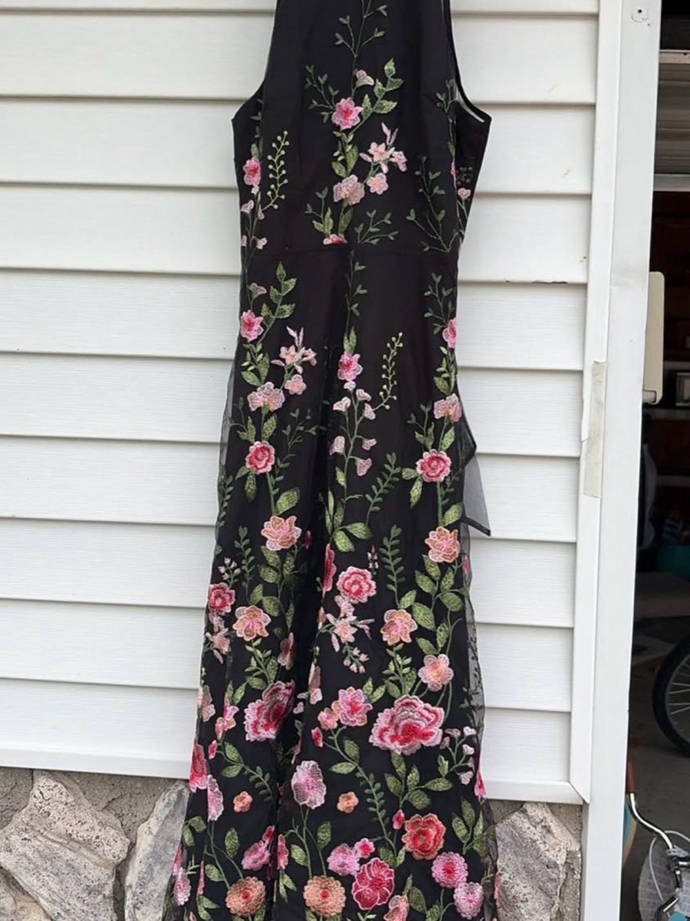 Lulu's Black Maxi Dress with Pink Floral Embroidery